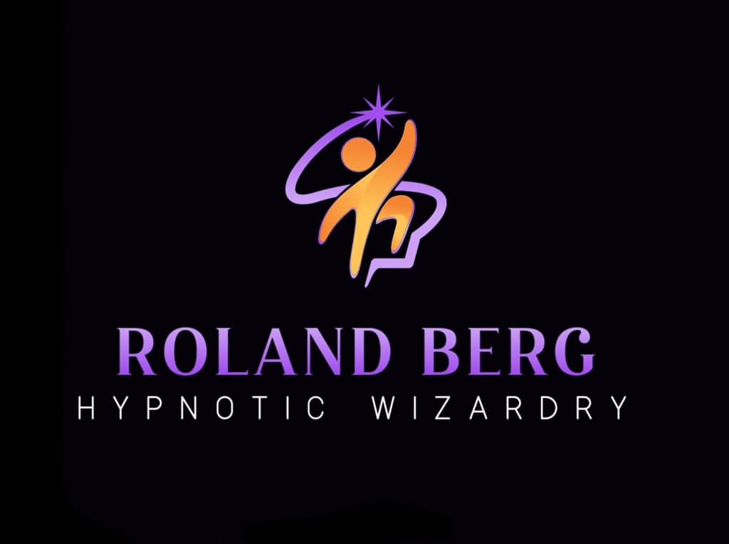 Company logo displaying a man moving energy and the words Roland Berg hypnotic wizardry