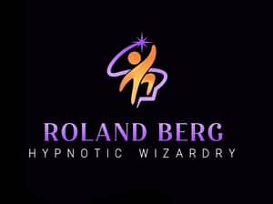 Company logo displaying a man moving energy and the words Roland Berg hypnotic wizardry